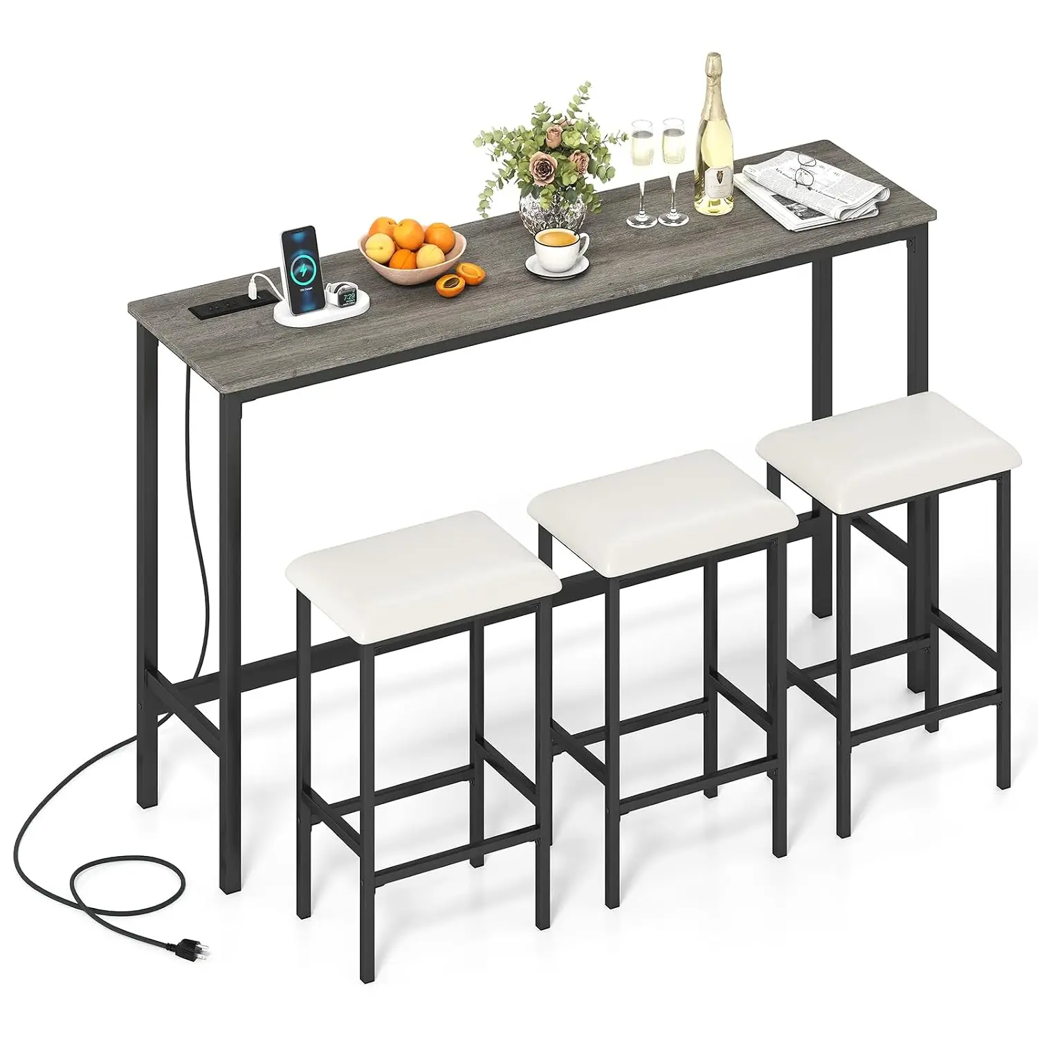 4 Pieces Counter Height Bar Table Set with Power Outlet, Customized