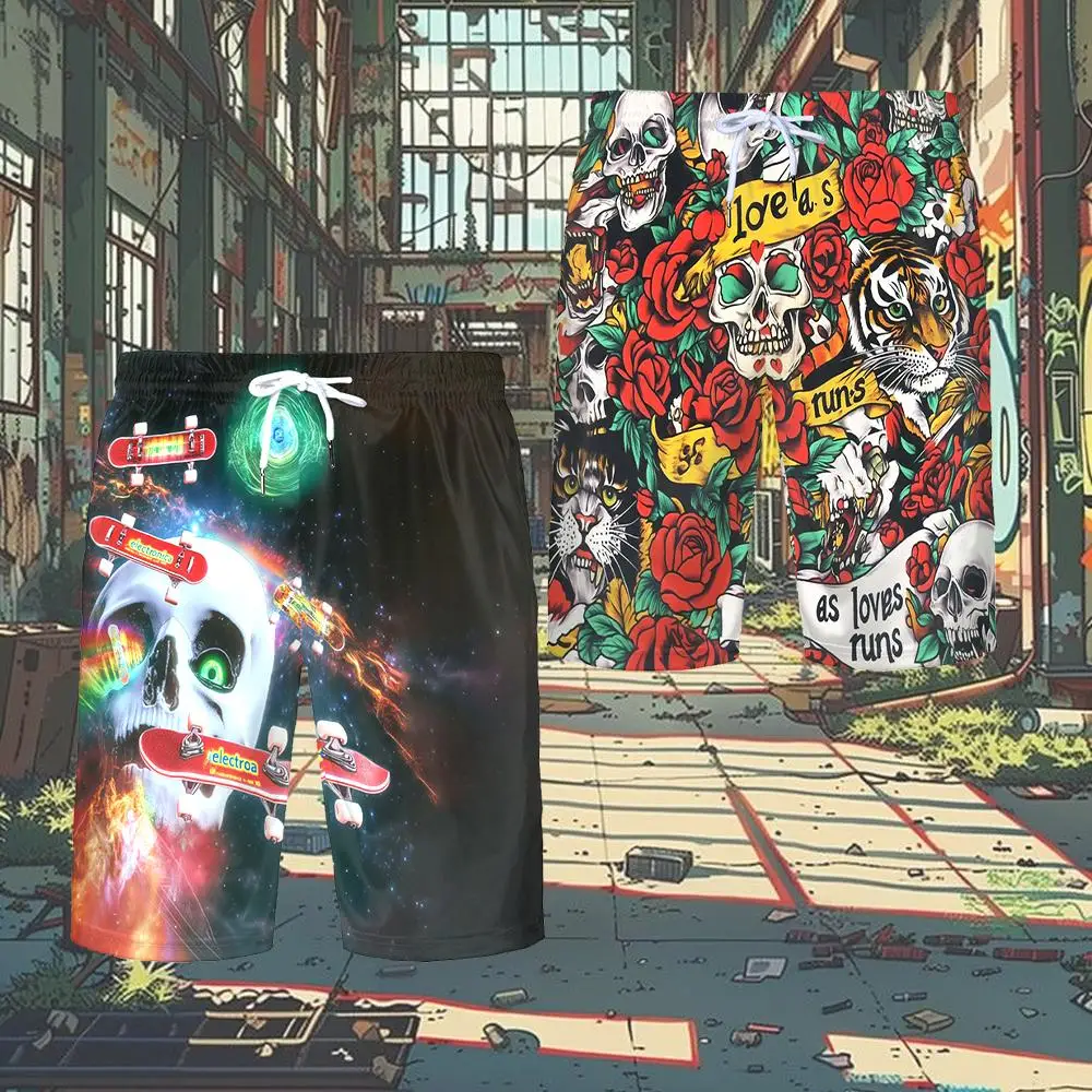 

Men's Graffiti Skull And Tiger Pattern Beach Shorts Street Style Trendy Surf Swim Trunks Summer Beach Cool And Stylish Item