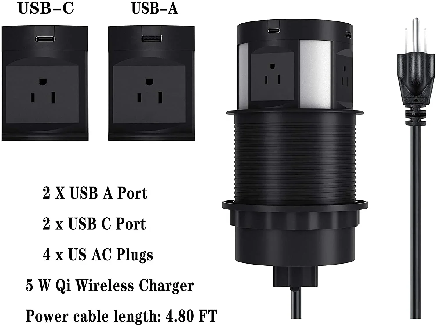 Automatic Pop up Outlet Wireless Charger Power Strip Surge Protector Recessed Outlet 4 US Plug +2 USBA+2USB-C charging port
