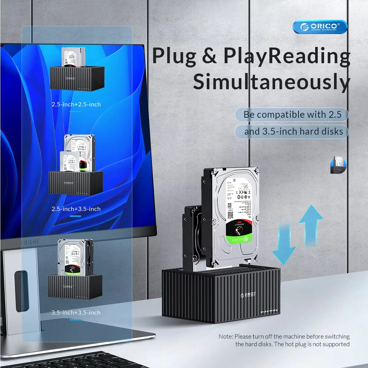 ORICO-Dual-Bay Docking Station Type-C 5Gbps 2.5 " 3.5" HDD SSD Power UASP ContainerUse for PC, Laptop,Smart TV Design