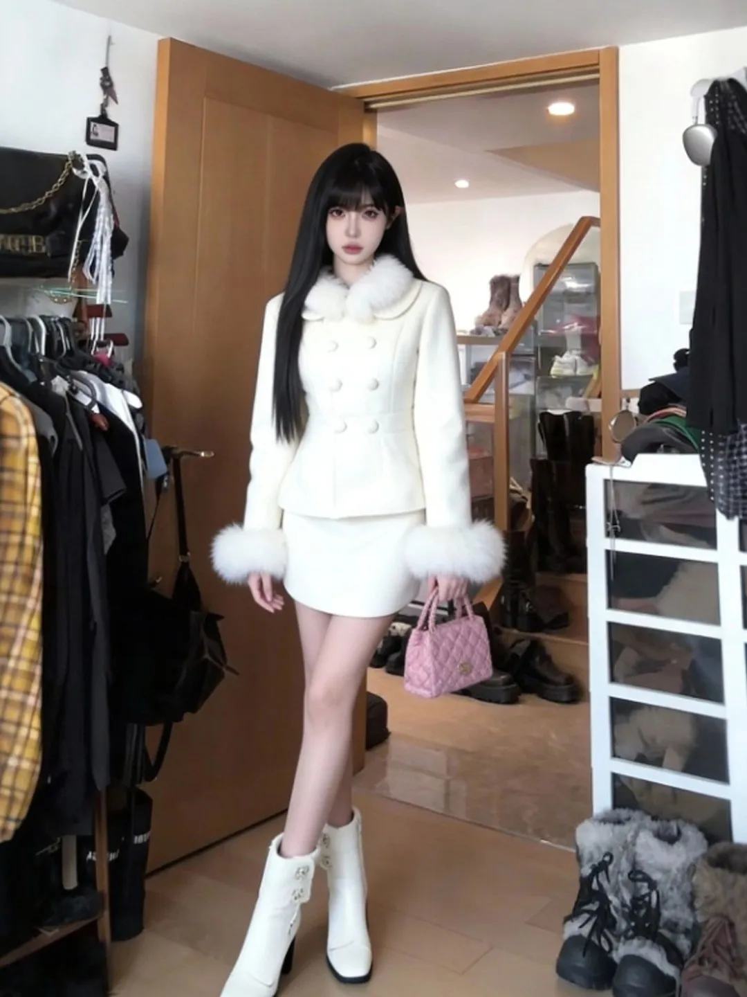 

Elegant Two-Piece Set Coat And Skirt Wrap around Design Spring Fashion Comfortable Cotton Material Long Sleeve round Neck