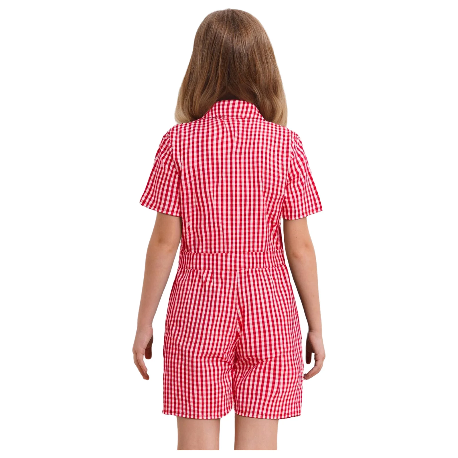 Uniforme scolastica per bambina, tutina casual scozzese, colletto rovesciato, manica corta, cerniera frontale, tuta con tasche per la festa quotidiana