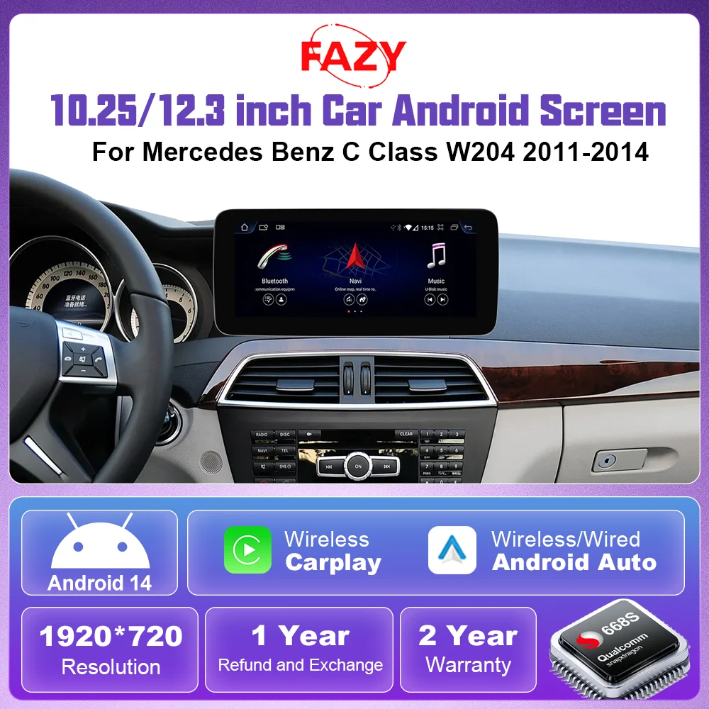 1920*720 Android 14 Wireless CarPlay Car Screen For Mercedes Benz C Class W204 2011-2014 NTG 4.5 Intelligent Systems Navigation