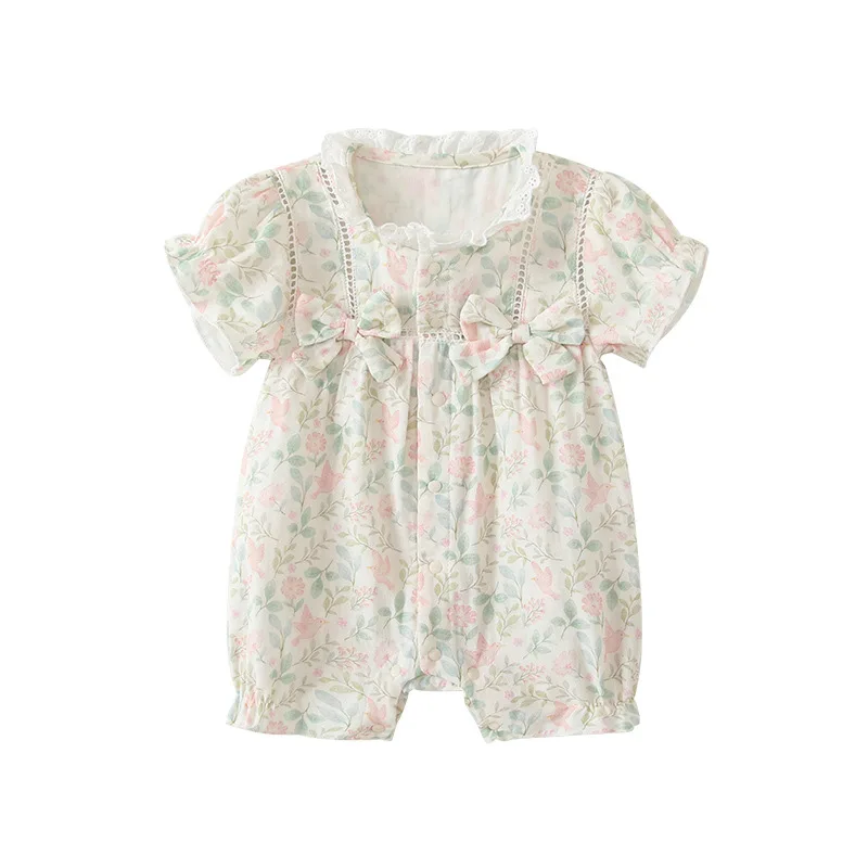 

MINISO Summer Baby Girl Front Open Button Romper Short Sleeve Cotton Floral Print Newborn Daily Cute Clothes 0-1 years Bodysuits