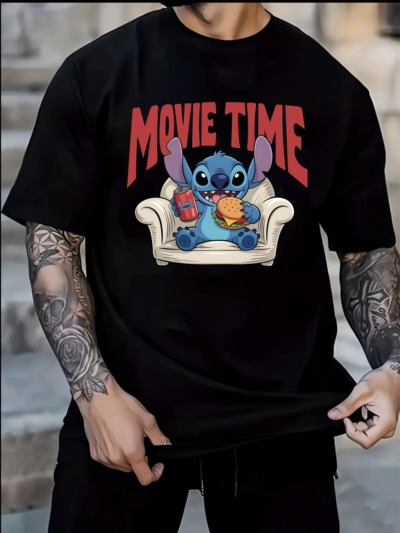 

Disney Stitch Unisex T-Shirt Summer Cartoon Cotton Top Tee Streetwear Casual Oversized Loose Couple Matching Clothing