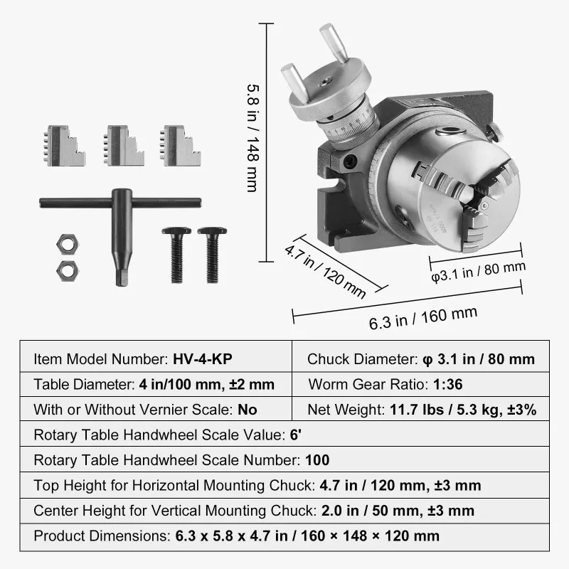 4 Inch 100mm Precision Rotary Table Horizontal Vertical With 3‑Jaw Chuck Indexing Fixture For Milling Machine Workshop Tool