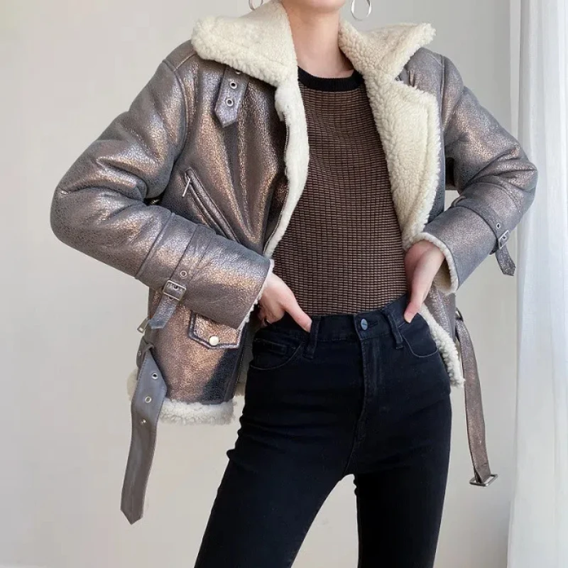 

Hot selling high-end short women's motorcycle style silver Australian merino lamb fur all-in-one fashionable new fur jacket