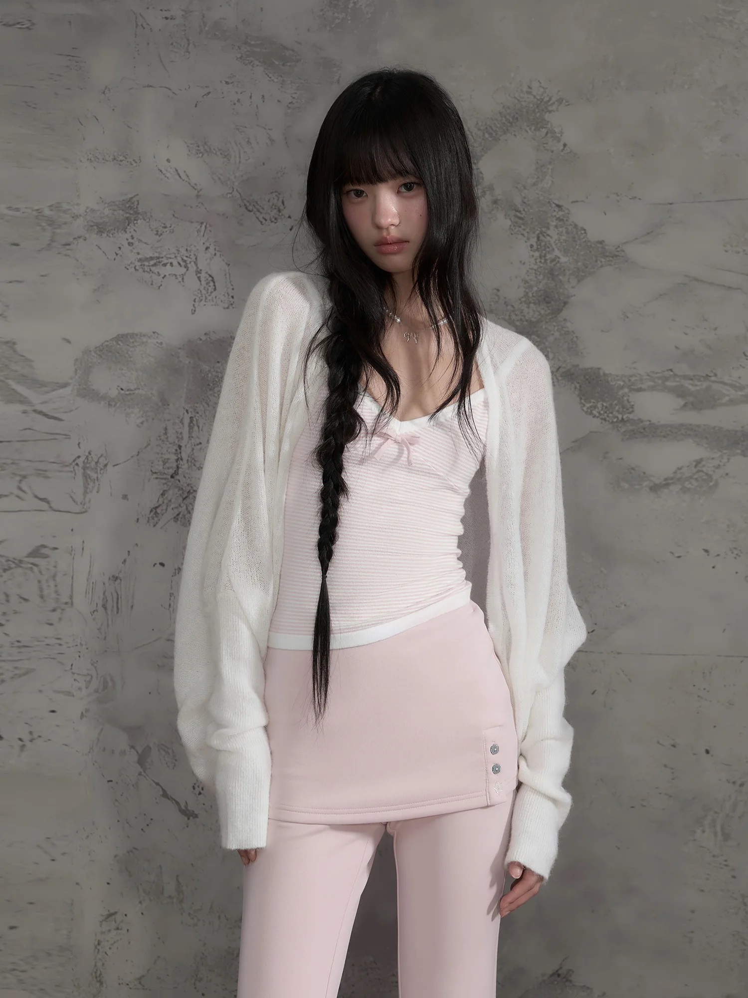 Weekendhub Women's White Thin Knitted Cardigan Korean Style Lazy Batwing Sleeve Semi-Transparent Gentle Cover up Top