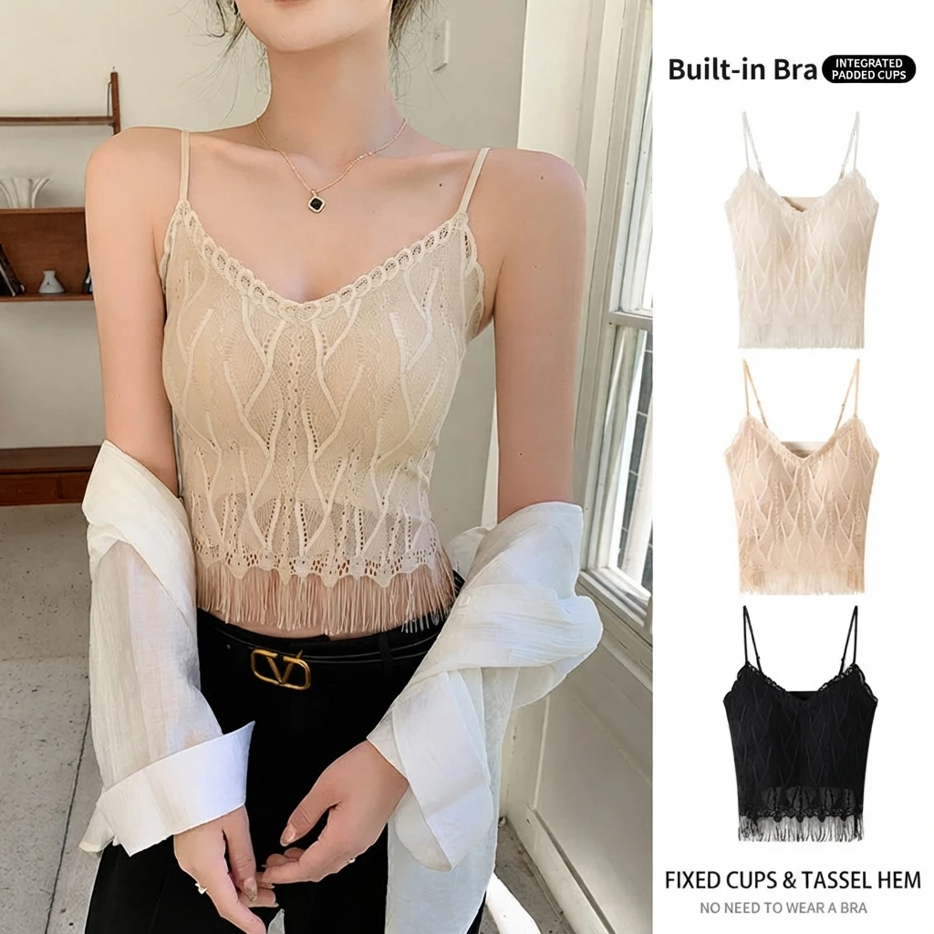 Women Lace Fringe Tank Top with Chest Pad Nylon Slim Fit Short Summer Sweet Fresh Camisole Vest