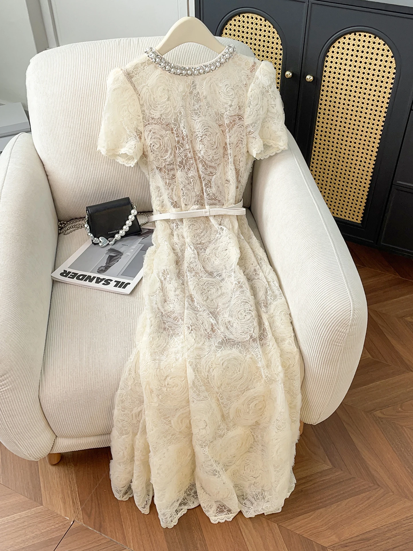 

Ele round Ne Lace Dr French Sle Polyester Fabric ort Sve Zipper Ba Closure H Version A-Line Skirt for Women