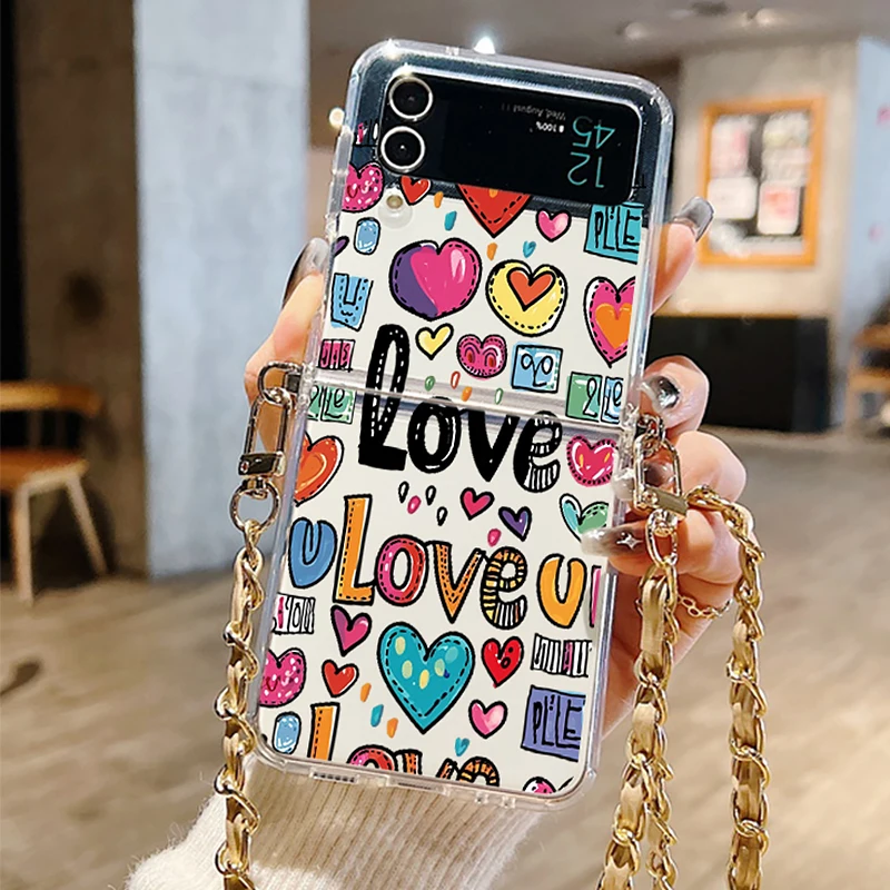 Cartoon Love Print Soft Lanyard Case For Samsung Galaxy Z Flip 6 5 4 3 Flip5 Flip6 Shockproof Crossbody Rope Clear Phone Cover