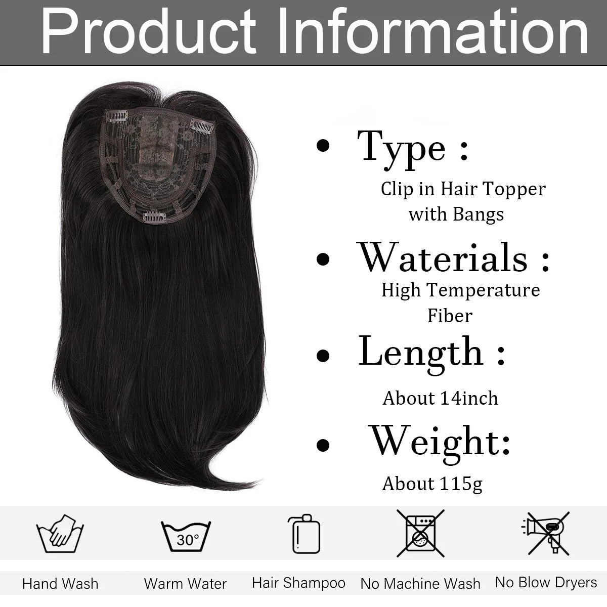 Clip in Synthetic Hair Topper with Bangs for Thinning Hair Long Wavy Hair Extensions Top Wiglet Hairpieces for Women 14 Inch