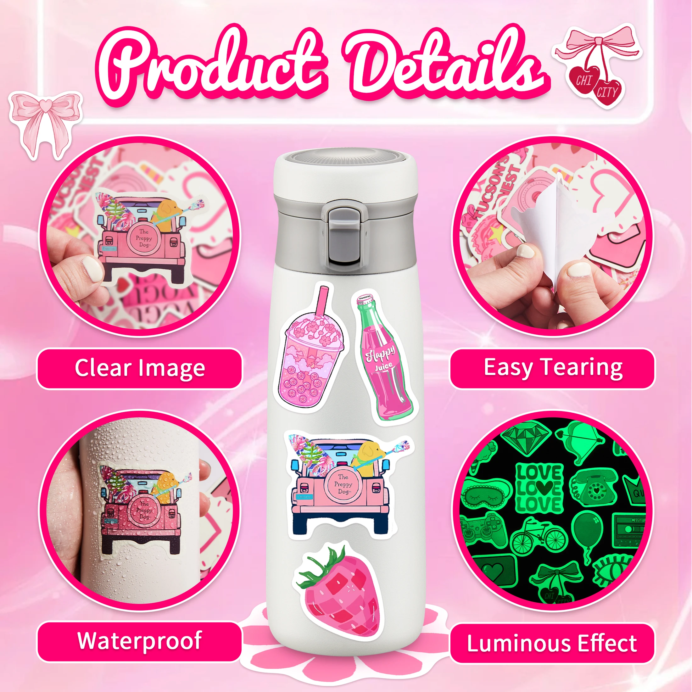 50Pcs Pink Pattern Glow in the Dark Stickers Waterproof Vinyl Stickers Phone Case Skateboard Decoration for Kids Teens DIY Gifts