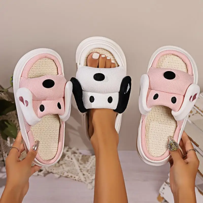 Linen Platform Slippers Women Home Cute Animal Cartoon Designer Shoes Girls Flats Fashion House Casual Footwear Elegant Big Size