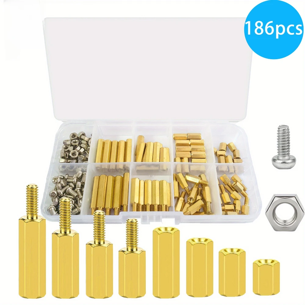 186PCS M3 Hex Male Female Brass Spacers Standoffs Screws Nuts Assortment Kit Hexagonal Copper Column Round Head Screw Nut Set
