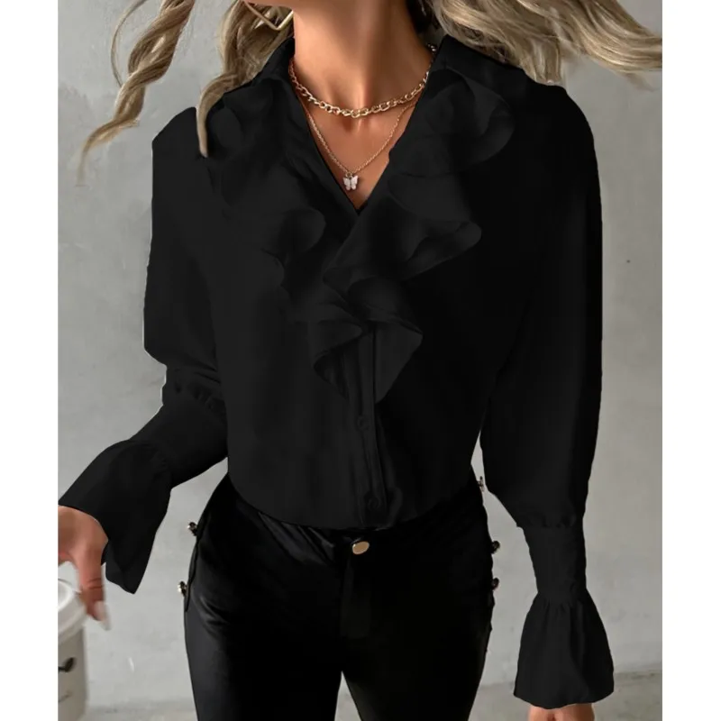 Autumn Winter New Women Solid Color Ruffled Patchwork Shirt For Womens Elegant Hollow Out Round Neck Slim Single Breasted Blouse