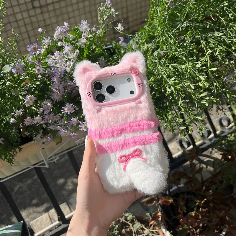 Cute Cartoon Cat Bowknot Warm Furry Fur Plush Phone Case for iPhone 17 Air 16 15 14 13 12 11 Pro Max Shockproof Protective Cover