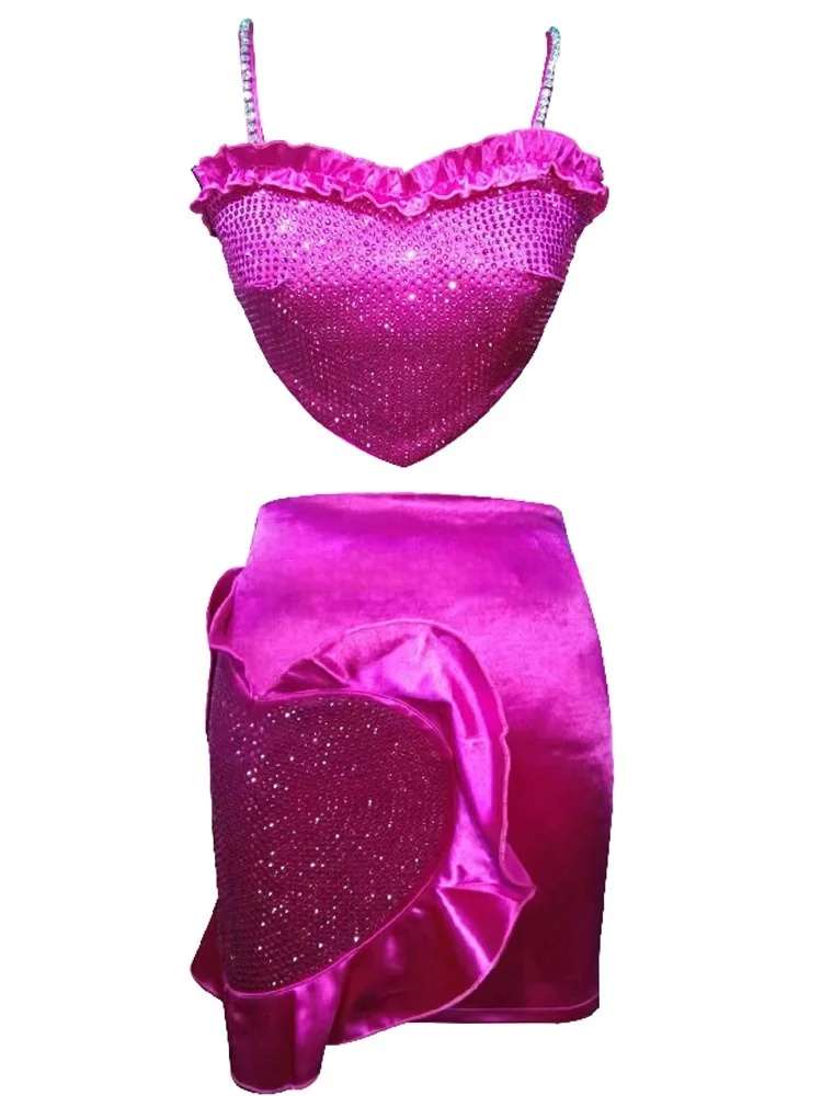 Sexy Crystal Strap Heart Top Bottom Set Performance Costume Stage Performance Outfit  Lisa Fan Merchandise