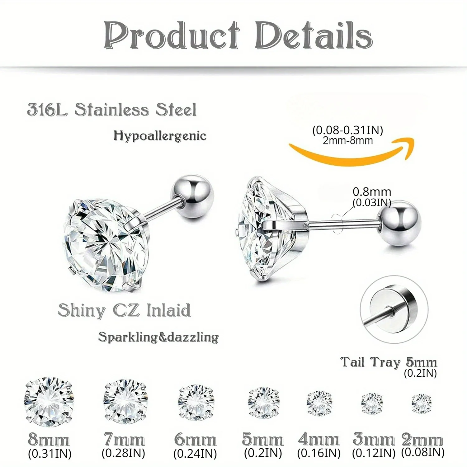 FASACCO Stainless Steel Earrings Stud for Girls CZ Round Screwback Flatback Barbell Cartilage Tragus Helix Earrings Classical