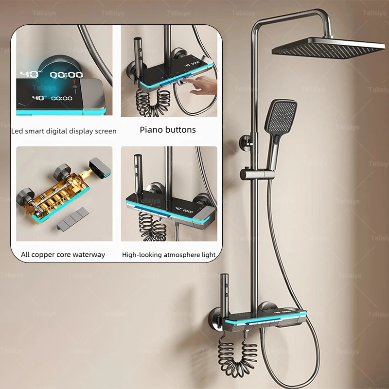 

Набор душевой системы, многофункциональный цифровой дисплей, температура, клавиши фортепиано, эффект окружающего освещения, бытовой душевой набор для ванной комнаты
