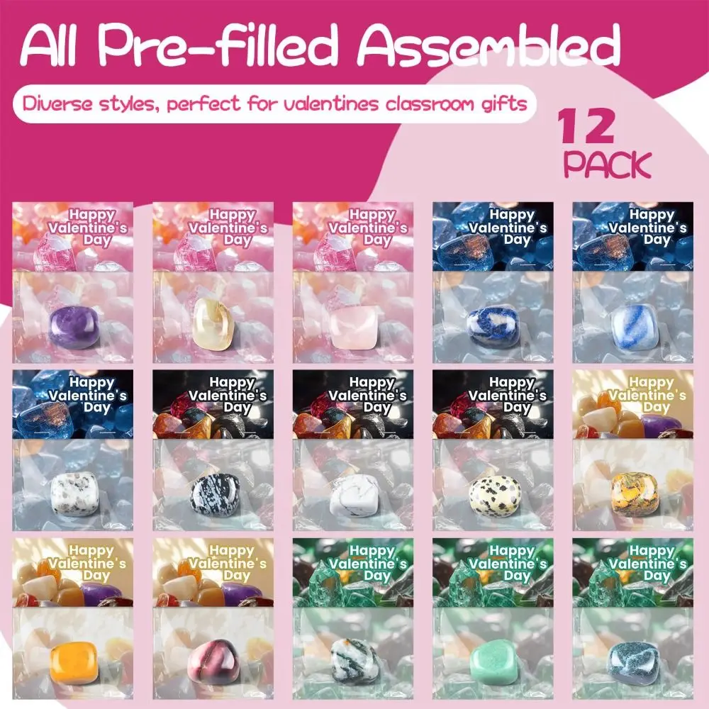 12 Pack Gem Rock Valentines Cards and Crystal Exchange Gift Bulk Prizes Valentines Day Cards Valentines Day Gifts Kids Classroom