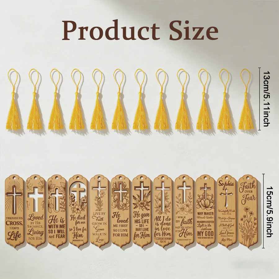 24pcs Cross Pattern Engraved Wood Bookmarks with Yellow Tassel, Reading Accessory, Practical Book Mark for Daily Reading, XJM