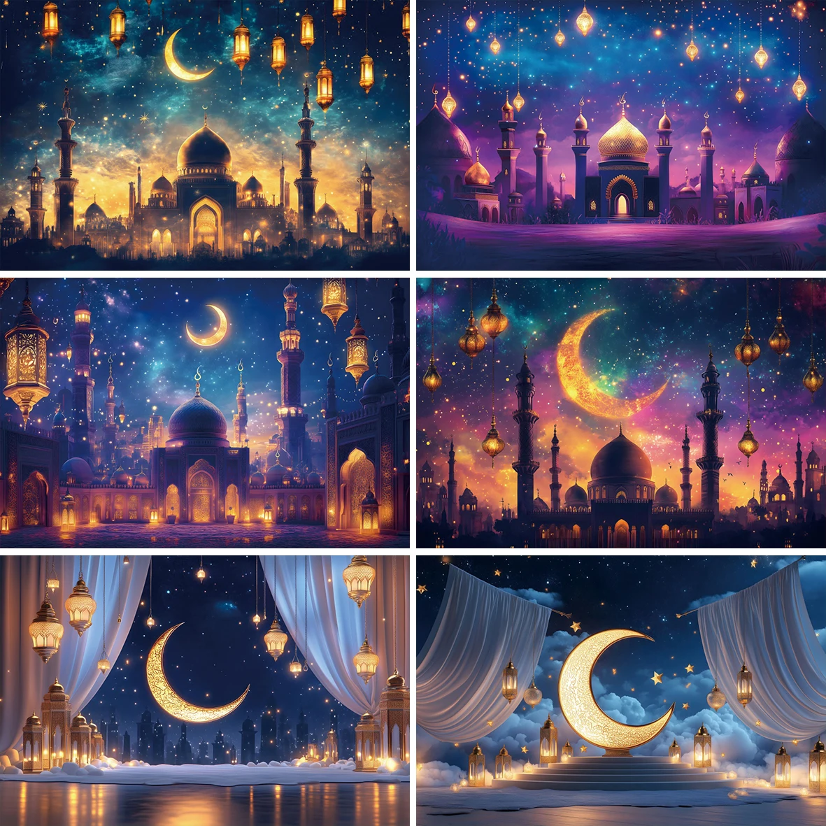 Eid Mubarak Ramadan Photography Background Decor Eid Al Adha Moon Lantern Night Starry Sky Muslim Festival Party Photo Backdrops