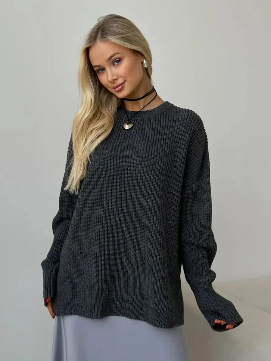 

Fmxies New 2025 Women's Winter Sweater Basic Minimalist Solid Color Loose O-Neck Knit Pullover Soft Warm Daily Casual Jumpers