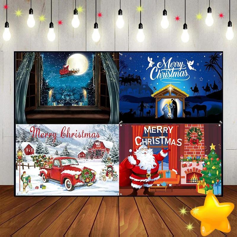 Merry Christmas Fireplace Eve Baby Shower Background Santa Photography Backdrops Village Custom Birthday Backdrop Sleigh Photo