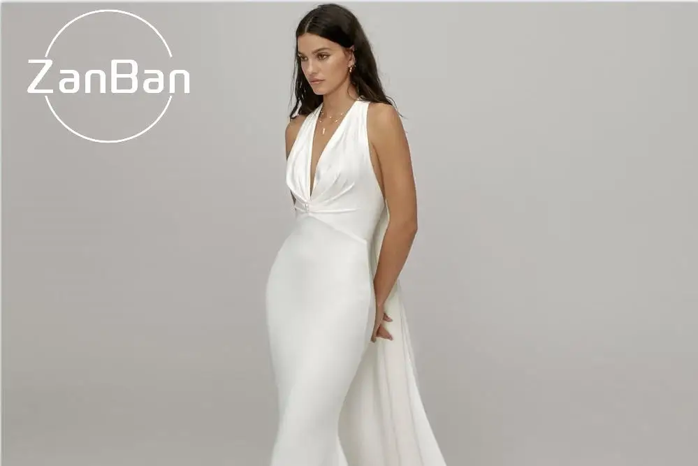 ZanBan Customised 2026 New Lvory Halter Satin Pearl Mermaid Wedding Dress Pleat Floor Length Saudi Arab Bridal Gown Court Train