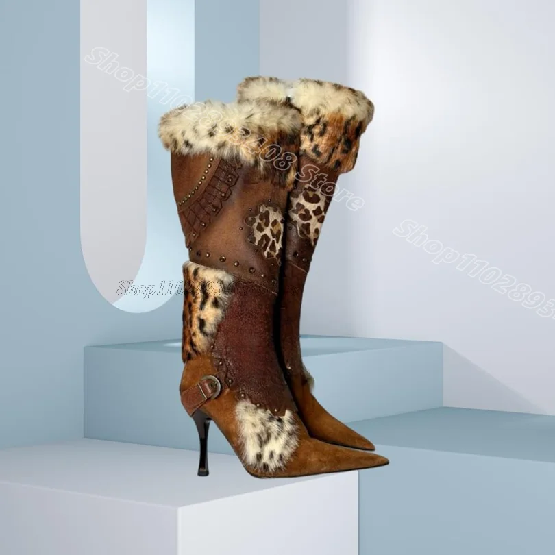 

Brown Splicing Rivet Decor Boots Pointed Toe Fashion British Style Dress Design for Women Spring Boots 2025 Zapatos Para Mujere
