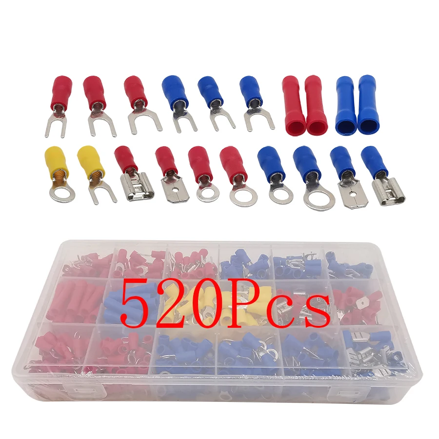 

520Pcs/Set Crimp Terminal Insulated Cable Connector U-Type Spade Fork Butt Ring Electrical Wire Crimp Terminals