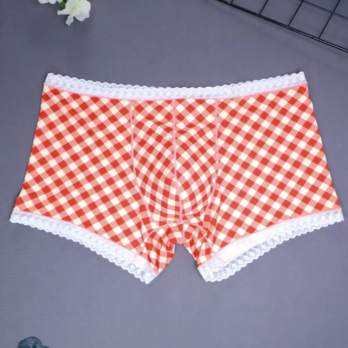 Orange Scotland Lace Hem Plaid Floral Man's Briefs BF Gift LGBTQ Group Private Party Live Show Boxer Brief Panty Harajuku
