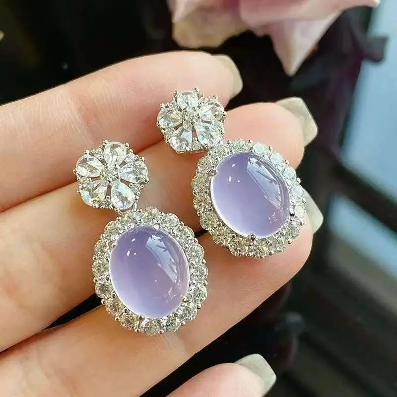 Amethyst chalcedony agate jade violet stud earrings temperament chalcedony