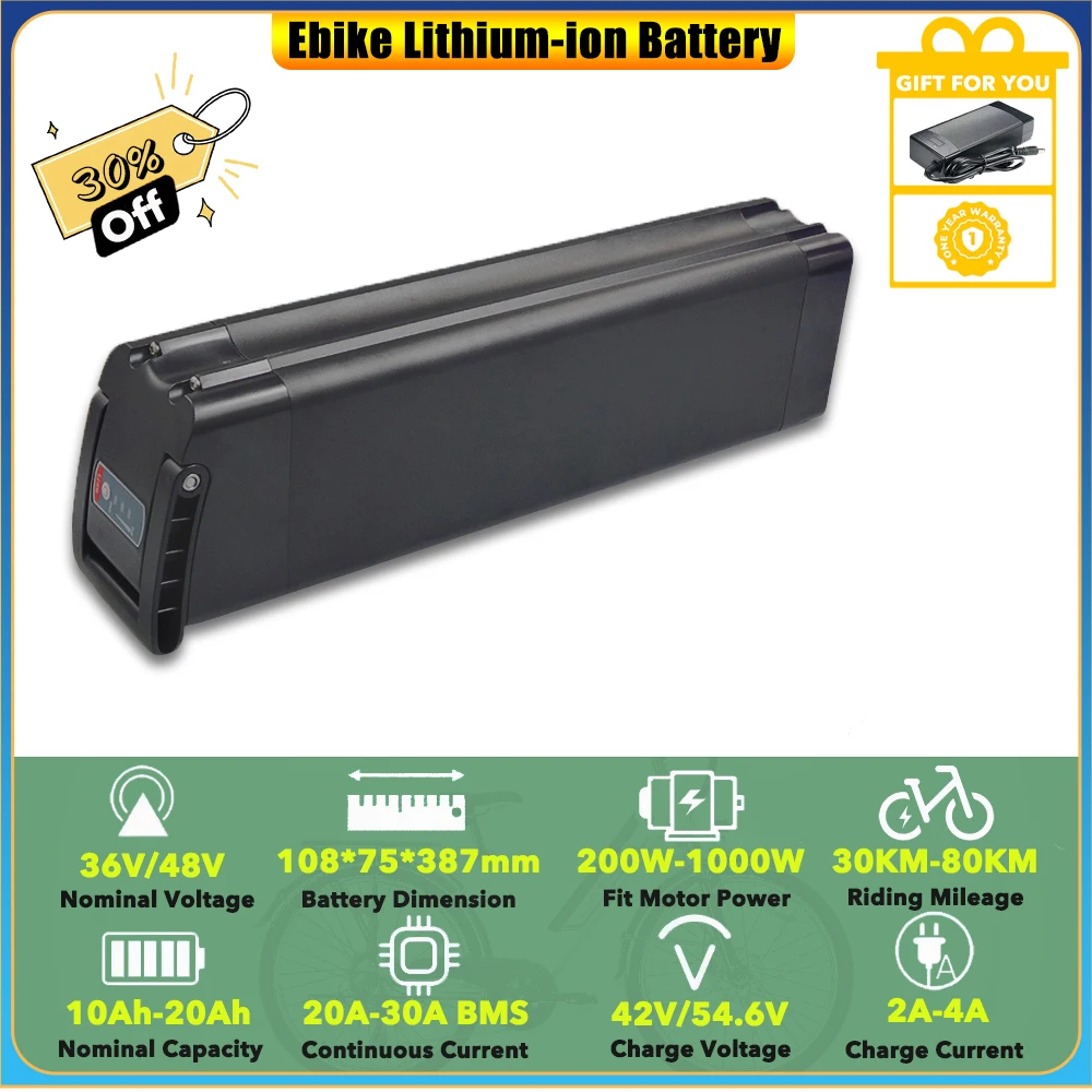 

T4B Fat Black Removable Battery 350W 36V 15.6Ah 20Ah Silver Fish Mid Tube Plug-in Batteries for City Bike