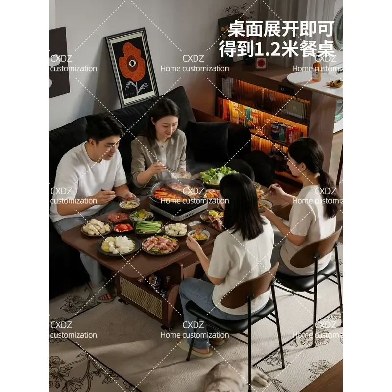 Medieval lifting coffee table folding mobile cart solid wood tea table tea table small apartment living room multi-functional
