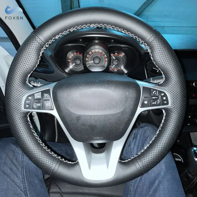 For Lada Vesta Xray 2015 2016 2017 2018 2019 Car Interior Steering Wheel Cover Black Perforated Leather with Needles Threads