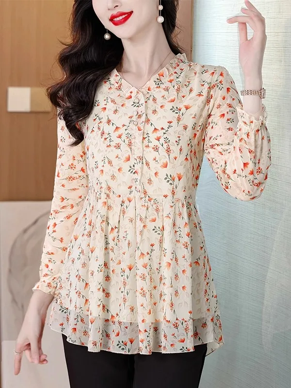 

Floral Print Chiffon Shirt Women's Long Sleeve Midi Top Spring Autumn Winter New Style Waist Cinched Skirt Hem Large Size