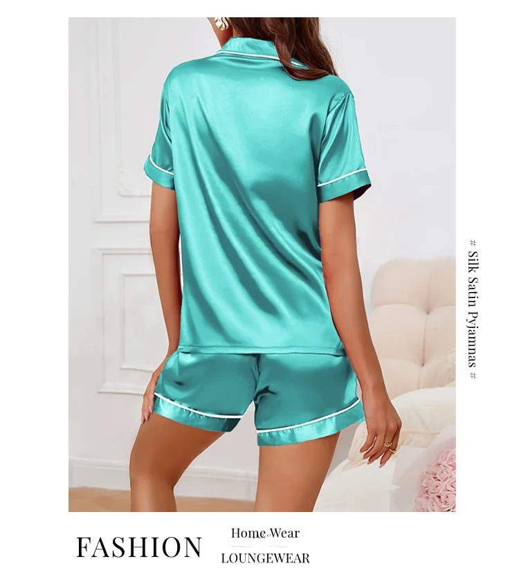 Luxuriöser Satin-Pyjama für Damen, Umlegekragen, Knopfleiste und Shorts, Nachtwäsche und Loungewear für den Sommer, Heimkleidungsanzug – Detail 8