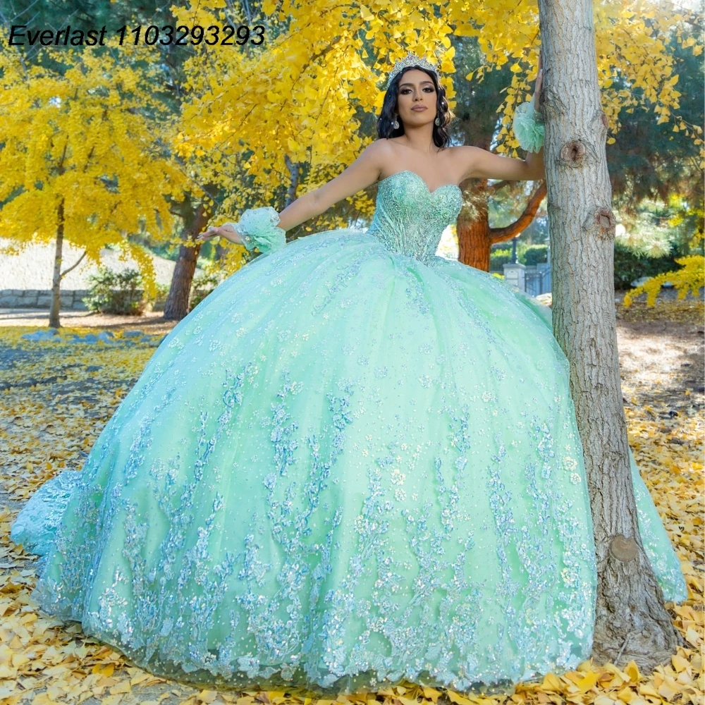 

EVLAST Customized Shiny Mint Green Quinceanera Dress Ball Gown Floral Applique Beading Corset Sweet 16 Vestido De 15 Anos E1Q16