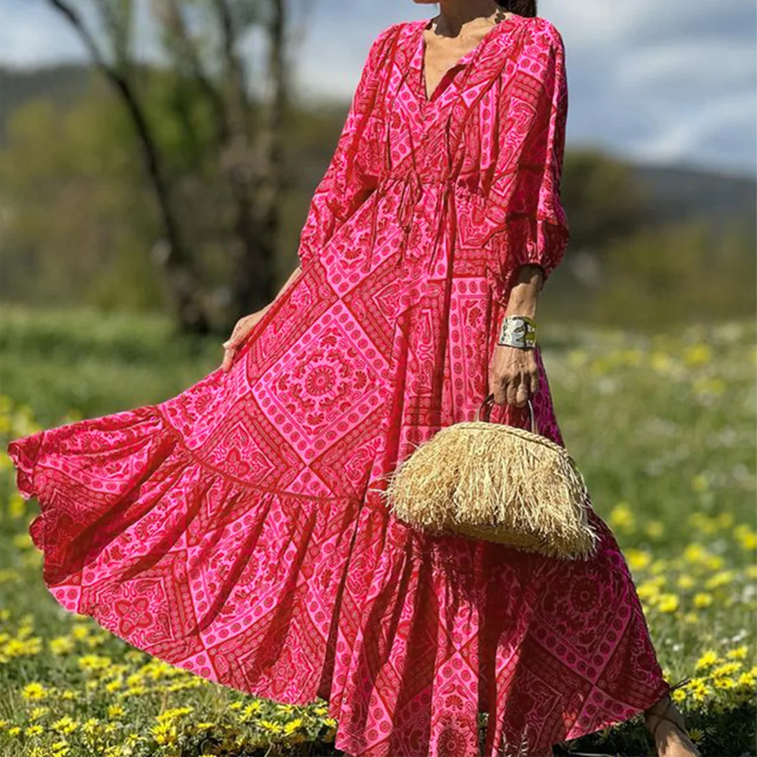 

Loose Casual Print Lace Up Dress Elegant V-neck Half Sleeved Large Hem Dresses Bohemian Retro Holiday Style Women's Clothing