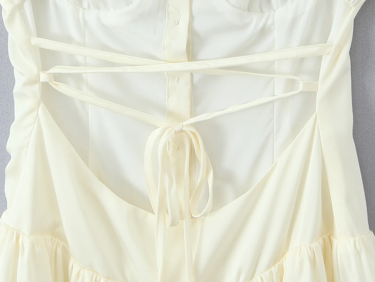 Sexy Buttons Wood ears Ruched Chest Satin Sling Dress Elastic Back Cross Lacing up Backless Low Waist Fold Swing Dresses Vestido