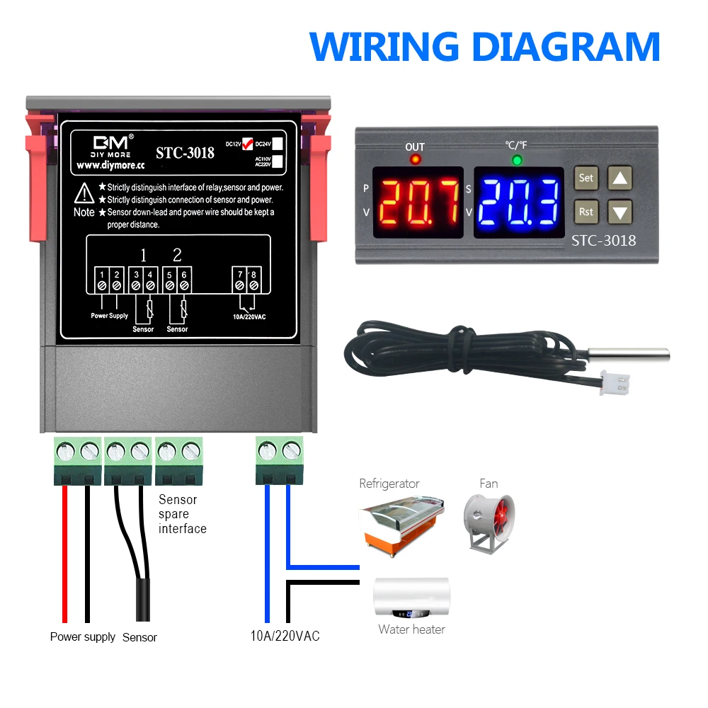 STC-1000/3008/3018/3028 SHT2000 Temperature and Humidity Controller Incubator Thermometer Hygrometer 12V 24V 12V-72V 110V-220V