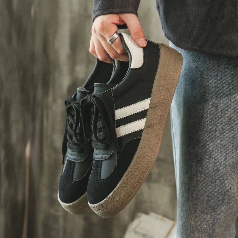 

Hot Sale Black German Training Shoes Man Low Cut Platform Men's Vulcanize Shoes Comfort PU Leather Original Skate Sneakers Male