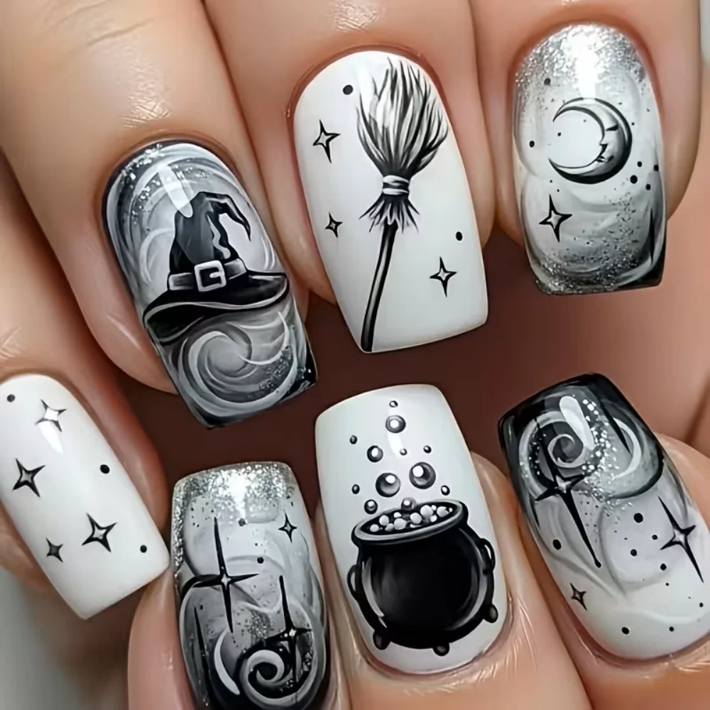 24Pcs Medium Square Halloween Press On Nails Black White Witch Moon Silver Glitter Glossy Removable Fake Nail Tips Women Party