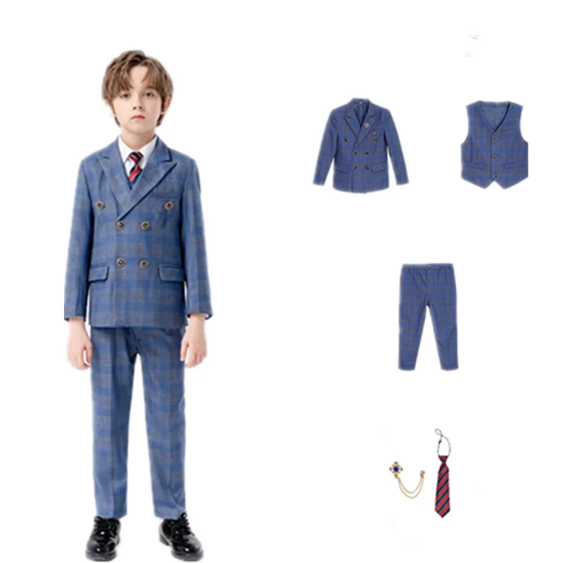 Boys Blue Jacket Vest Pants Tie Brooch 5Piece/Set for Wedding Kids Formal Ceremony Costume Children's Birthday Blazer Suit