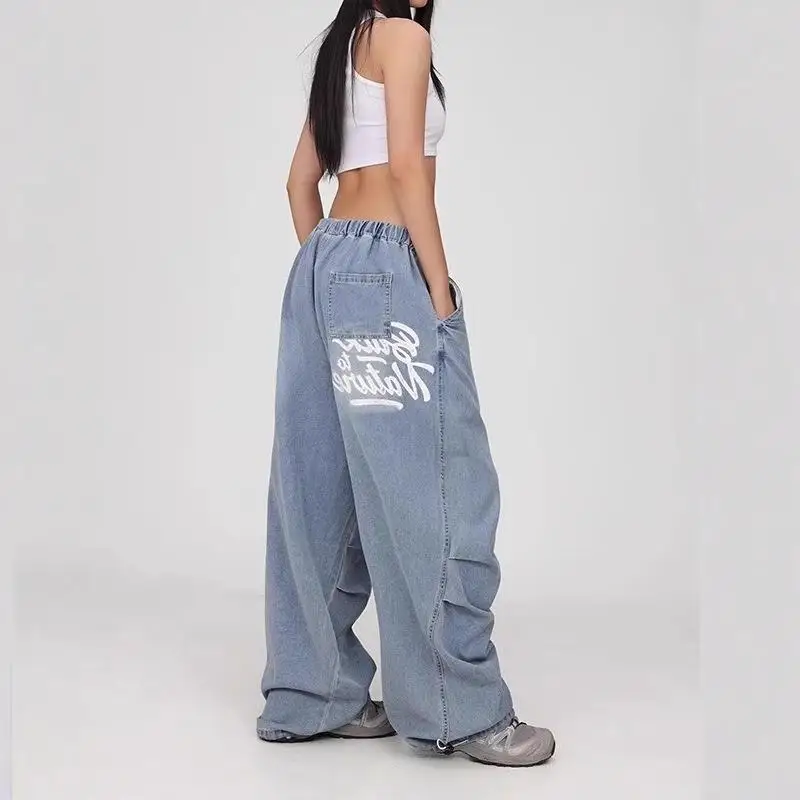 Loose Women's Knife  Denim Jeans American High Street Style Spring 2025 Wide Leg Straight Cut Trousers Casual Cotton Work...