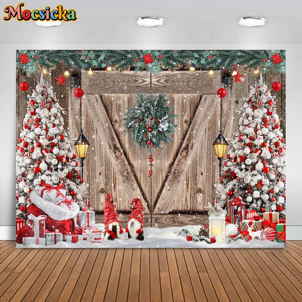 

Mocsicka Winter Photography Background Wooden Door Christmas Tree Snowflake Snow Scene Kids Portrait Backdrop Photo Studio Props