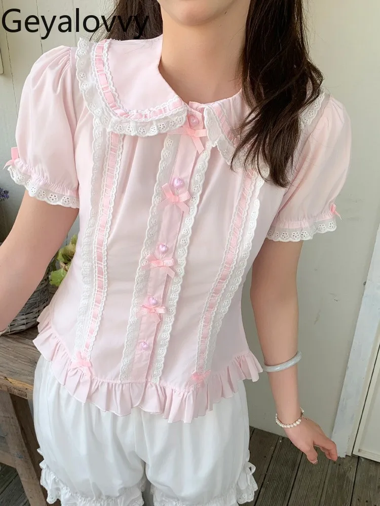 

Japanese Sweet Soft Girl Lolita Shirt Single Breasted Doll Collar Blouse 2025 Summer Inner Bubble Short Sleeve Tops for Women