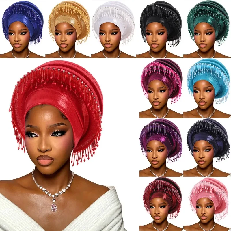 

2026 African Headtie Turban Nigeria Head Ties with Tassel Already Made Auto Gele Women Head Wraps for Wedding Party Outfits